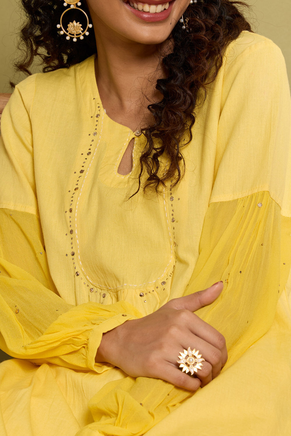 Yellow Pure Cotton Linen Mukaish Embroidered Short Top image number null