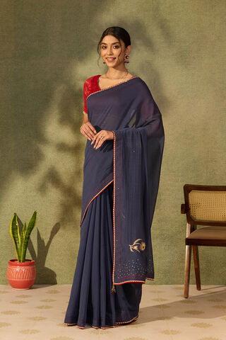 Dark Blue Pure Silk Cotton Embroidered Saree thumbnail image number null
