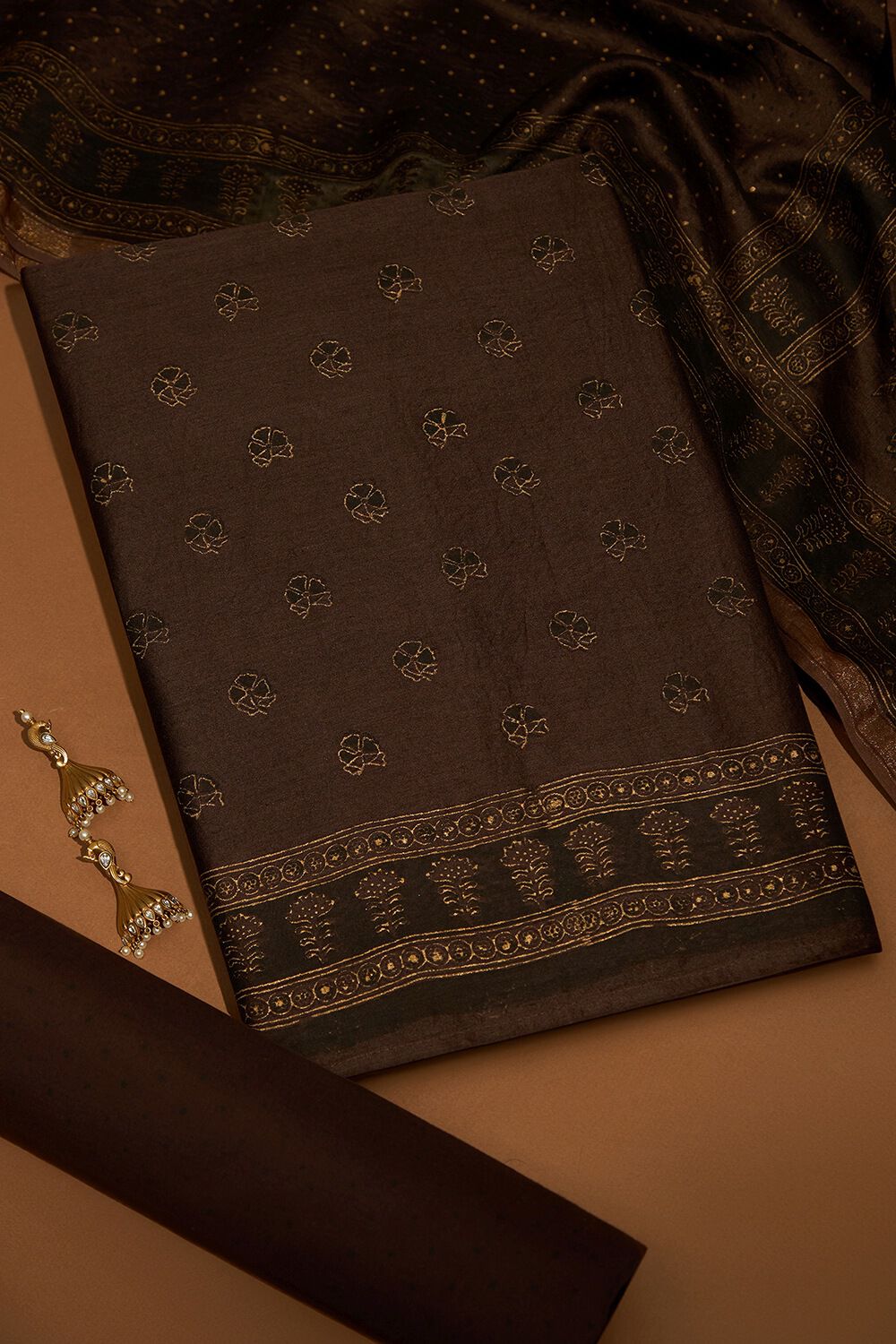 Brown Block Printed Pure Silk Cotton Unstitched Suit Set image number null