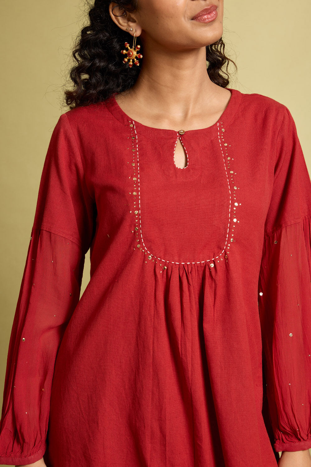 Dark Orange Pure Cotton Linen Mukaish Embroidery Short Top image number null