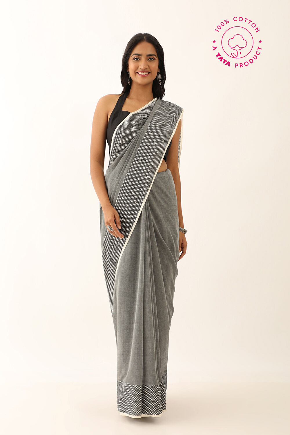 Grey Pure Cotton Woven Bengali Saree image number null
