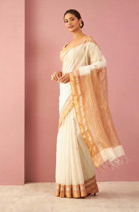 Off White Woven Pure Silk Cotton Maheshwari Saree