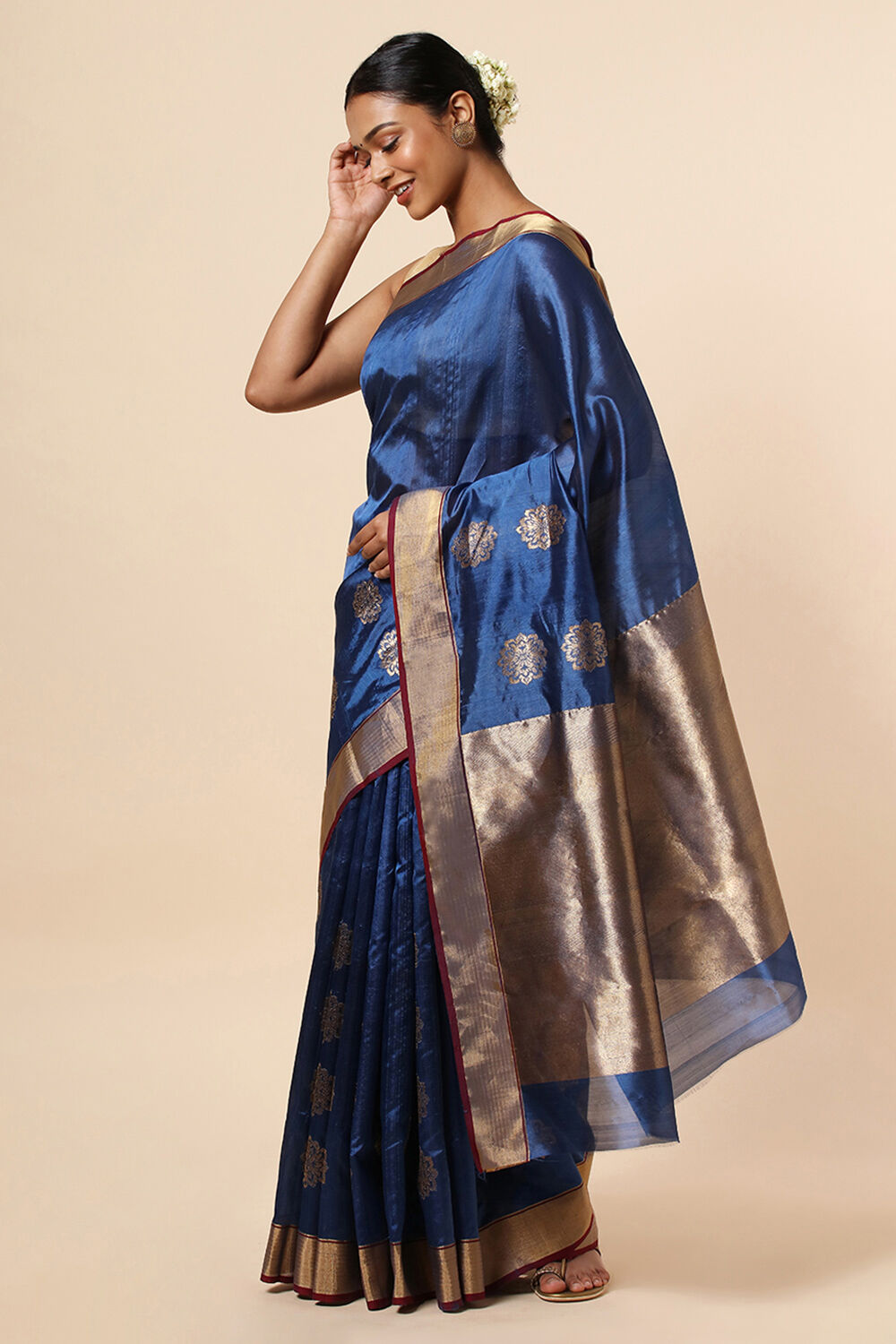 Dark Blue Pure Silk Chanderi Saree image number null