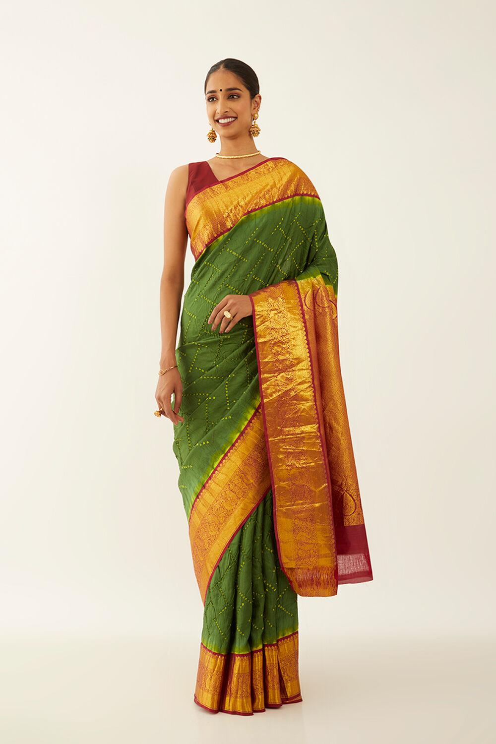 Dark Green Pure Silk Bandhani Saree image number null