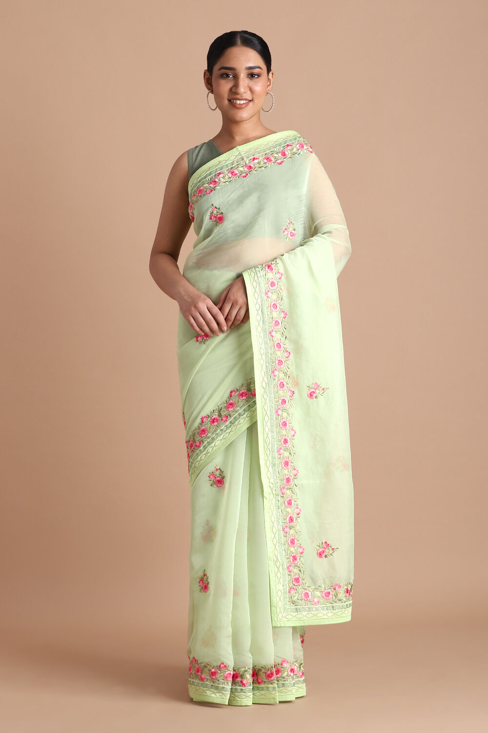 Light Pure Green Embroidered Saree image number null