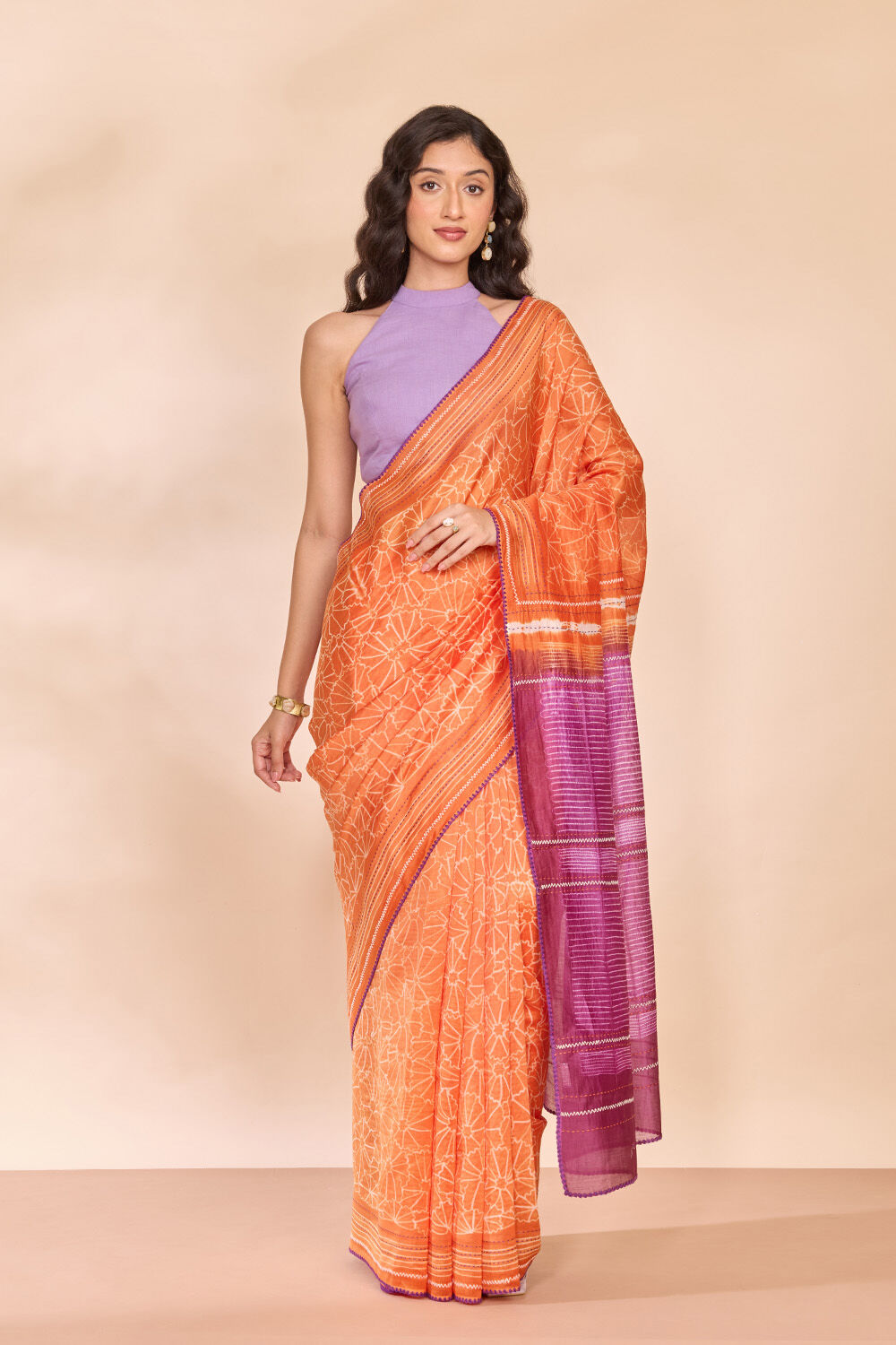 Orange Pure Silk Cotton Tie and Dye Shibori Saree image number null