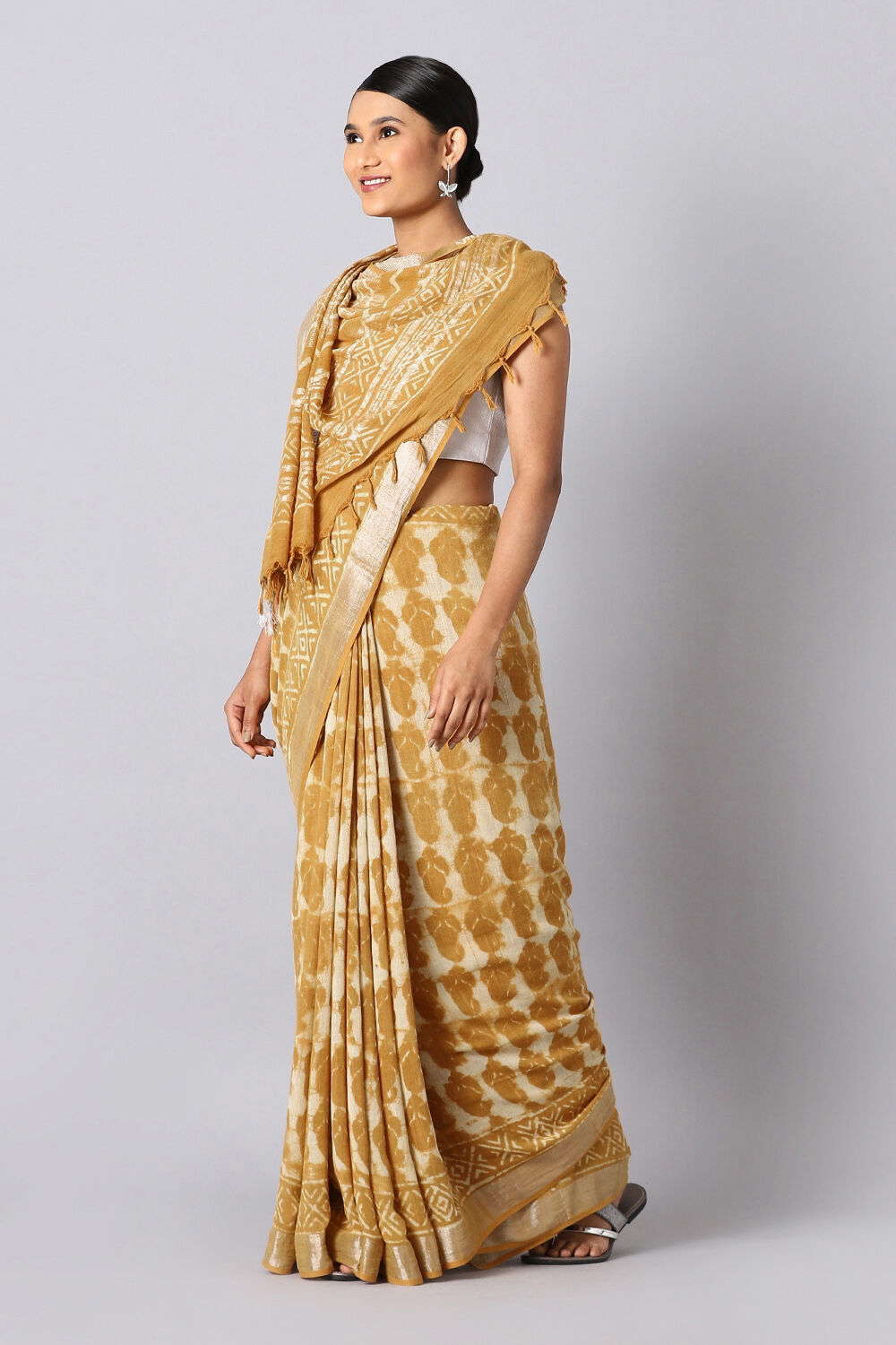 Yellow Pure Cotton Linen Bagru Printed Saree image number null