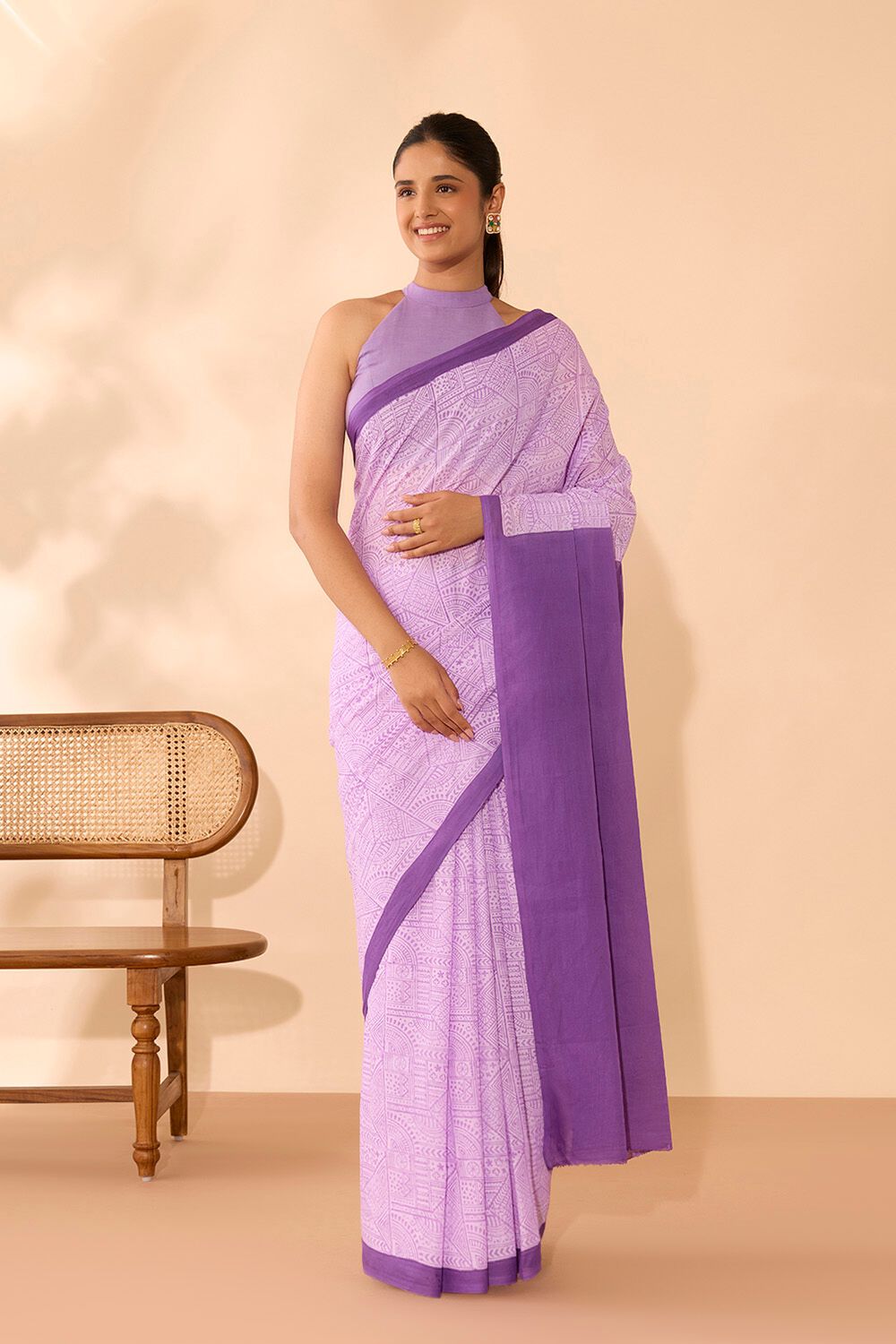 Light Violet Pure Cotton Mulmul Block Printed Bengal Saree image number null
