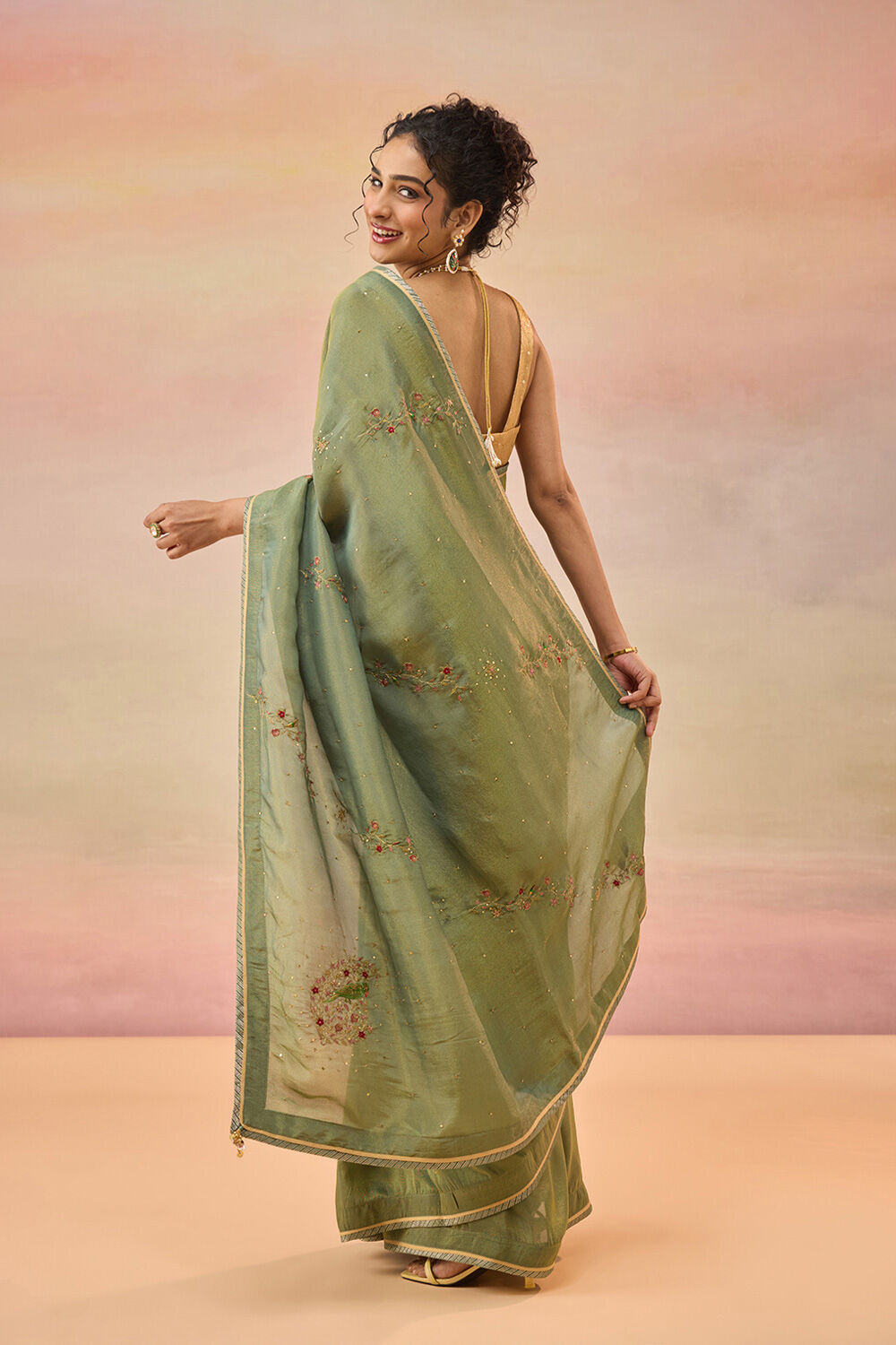 Green Viscose Tissue Embroidered Saree image number null