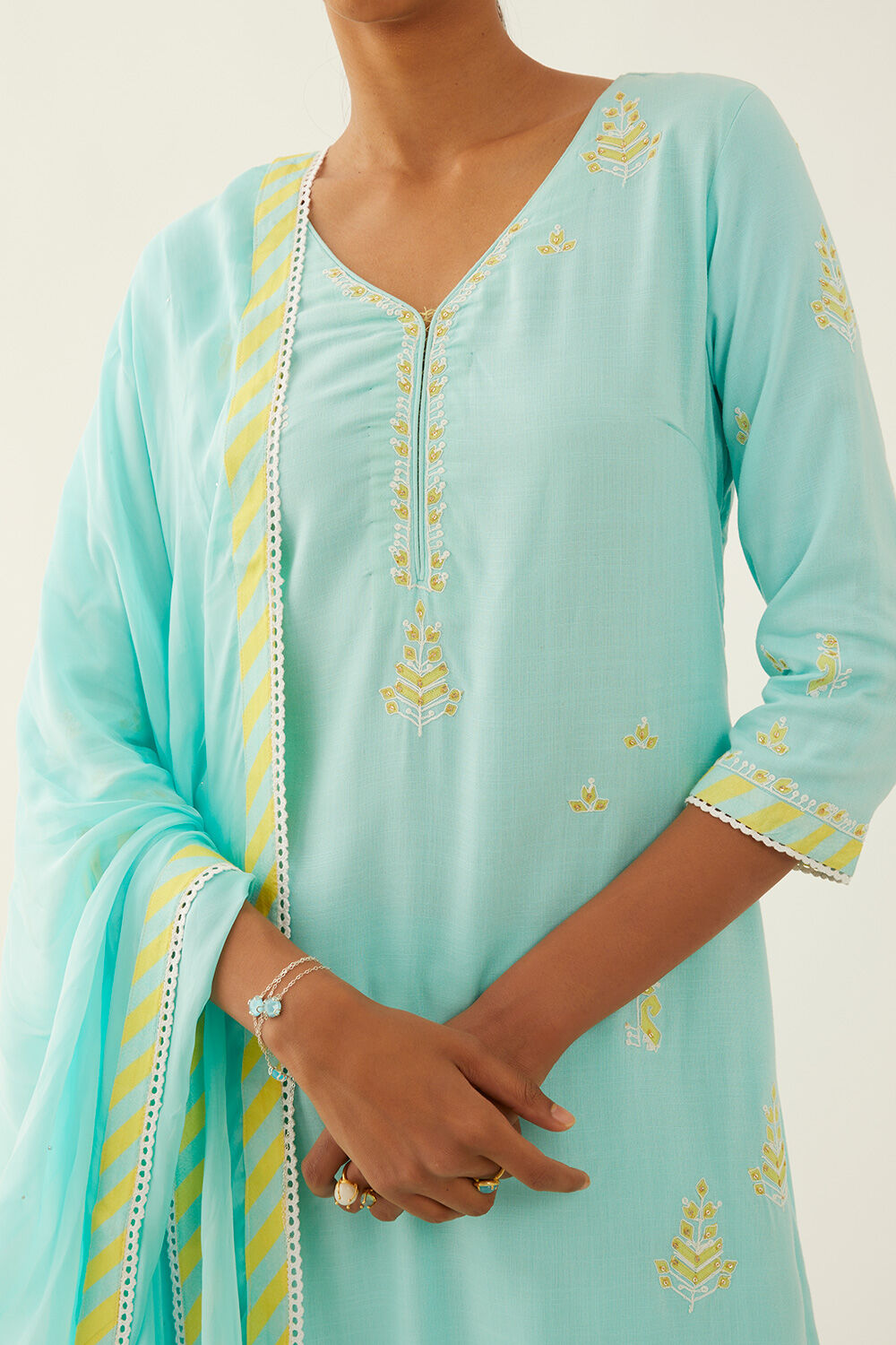 Light Blue Cotton Embroidered Kurta Set image number null