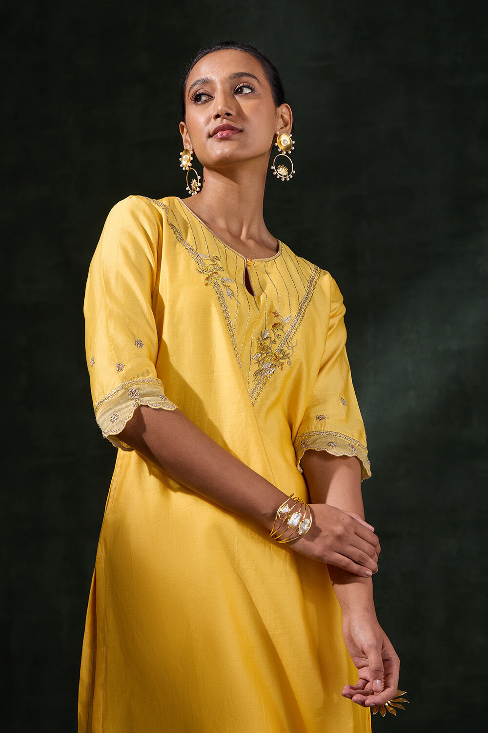 Yellow Pure Silk Cotton Embroidered Kurta image number null
