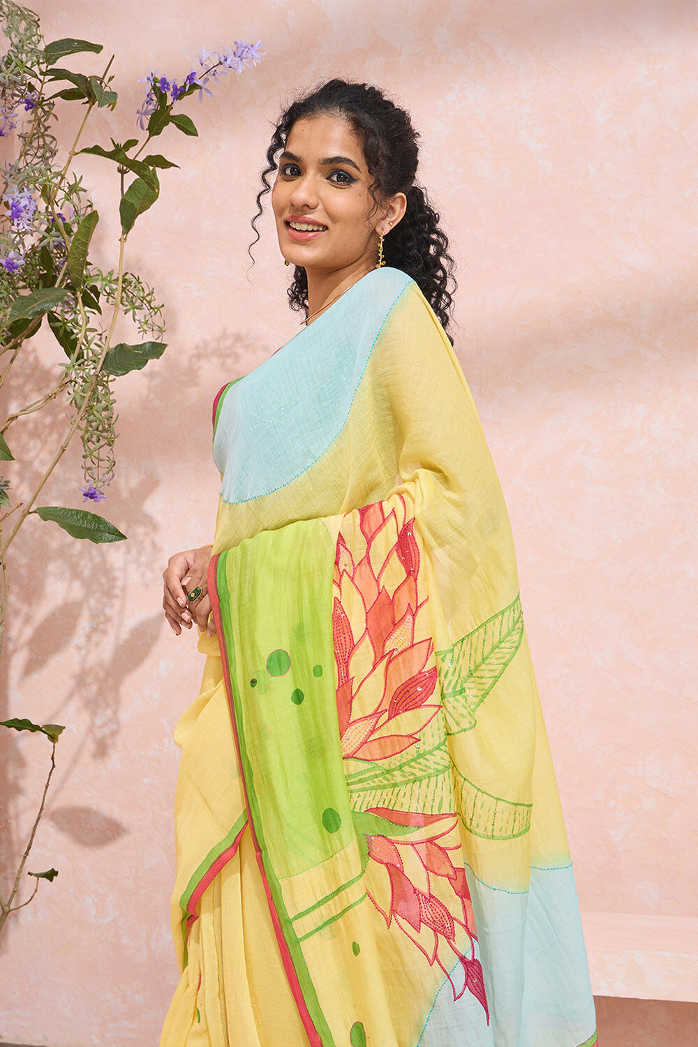 Light Yellow Bengal Pure Silk Cotton Hand Painted Saree image number null