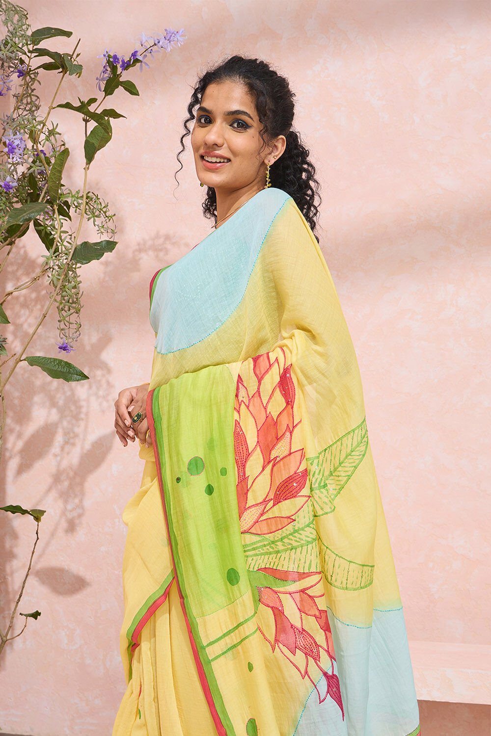 Light Yellow Bengal Pure Silk Cotton Hand Painted Saree image number null