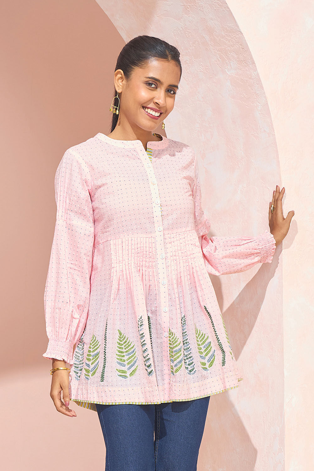 Light Pink Block Printed Pure Cotton Short Top image number null
