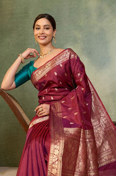 Purple Silk Viscose Cutwork Banaras  Saree