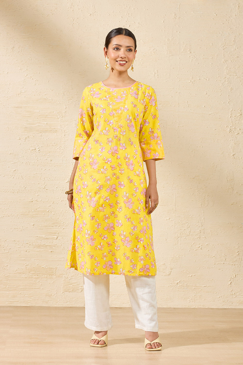 Yellow Sanganeri Block Printed Pure Cotton Kurta image number null