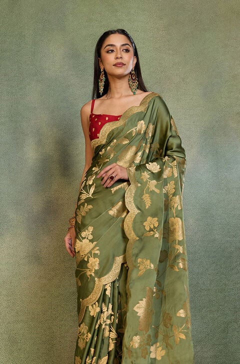 Green Woven Viscose Satin Saree