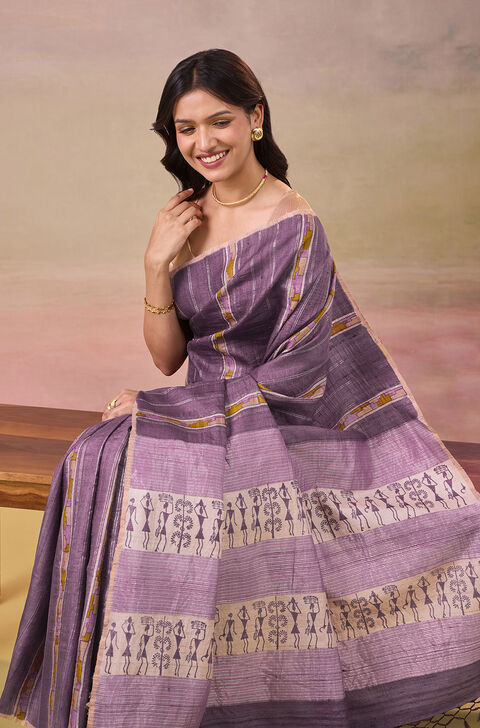 Purple Block Printed Pure Tussar Silk Saree