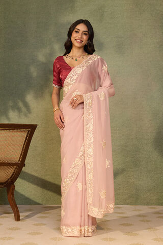 Light Pink Banarasi Viscose Organza Embroidered Saree thumbnail image number null