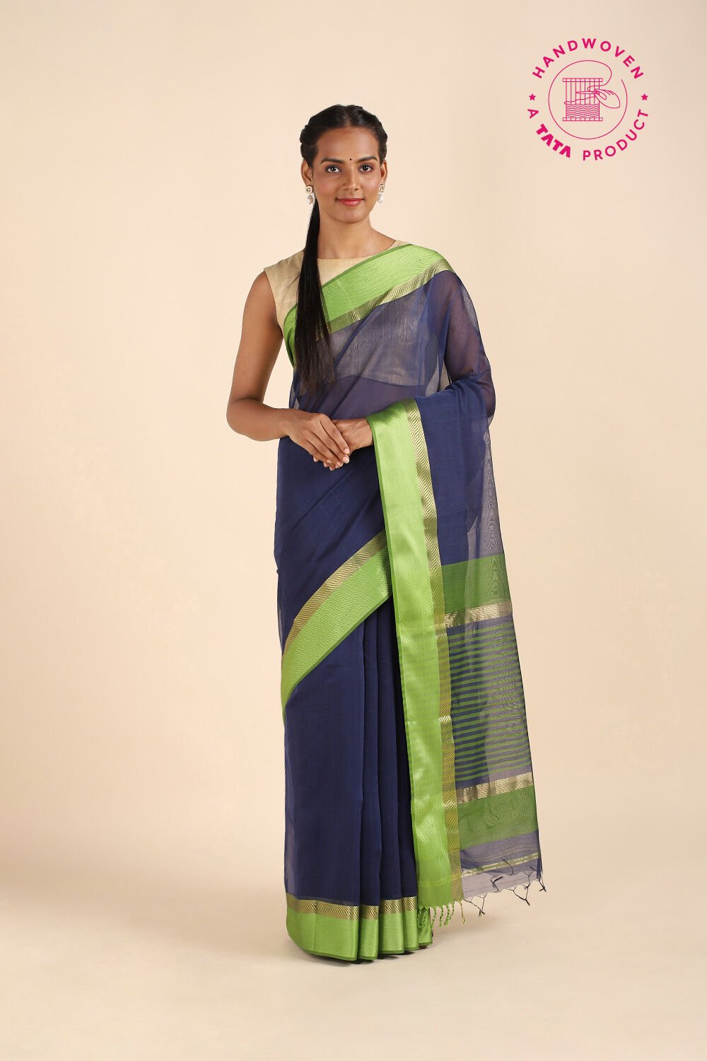 Dark Blue Pure Silk Cotton Maheswari Saree image number null