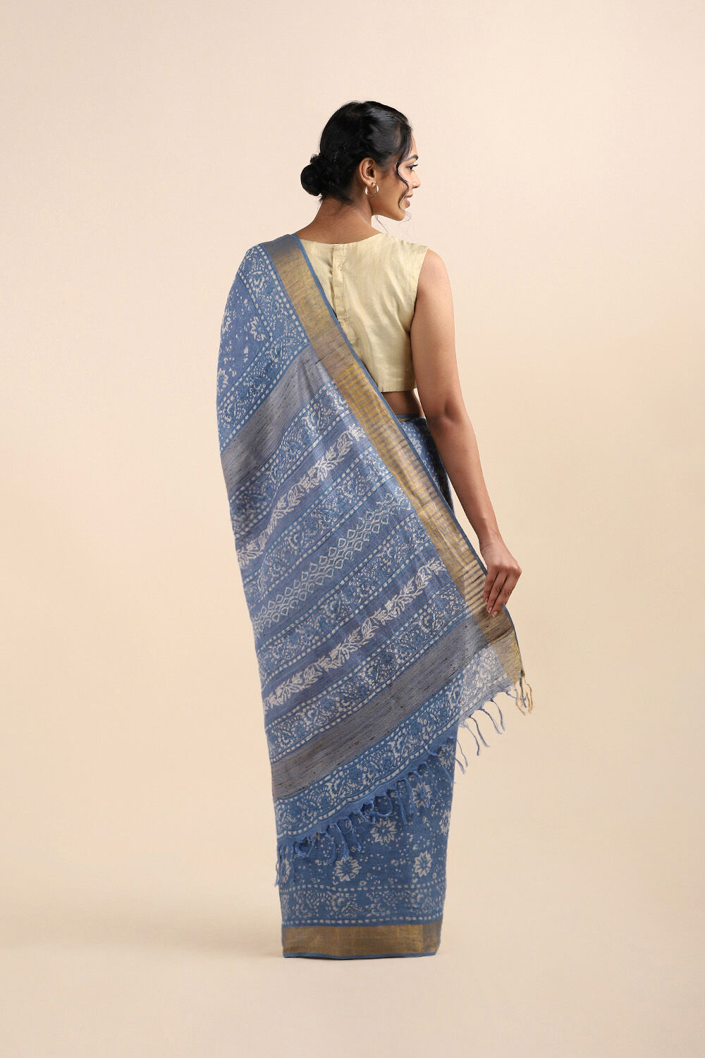Blue Pure Linen Printed Saree image number null