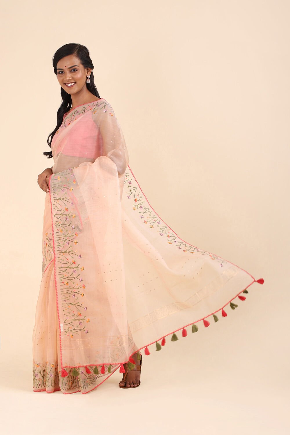 Light Orange Pure Organza Embroidered Saree image number null