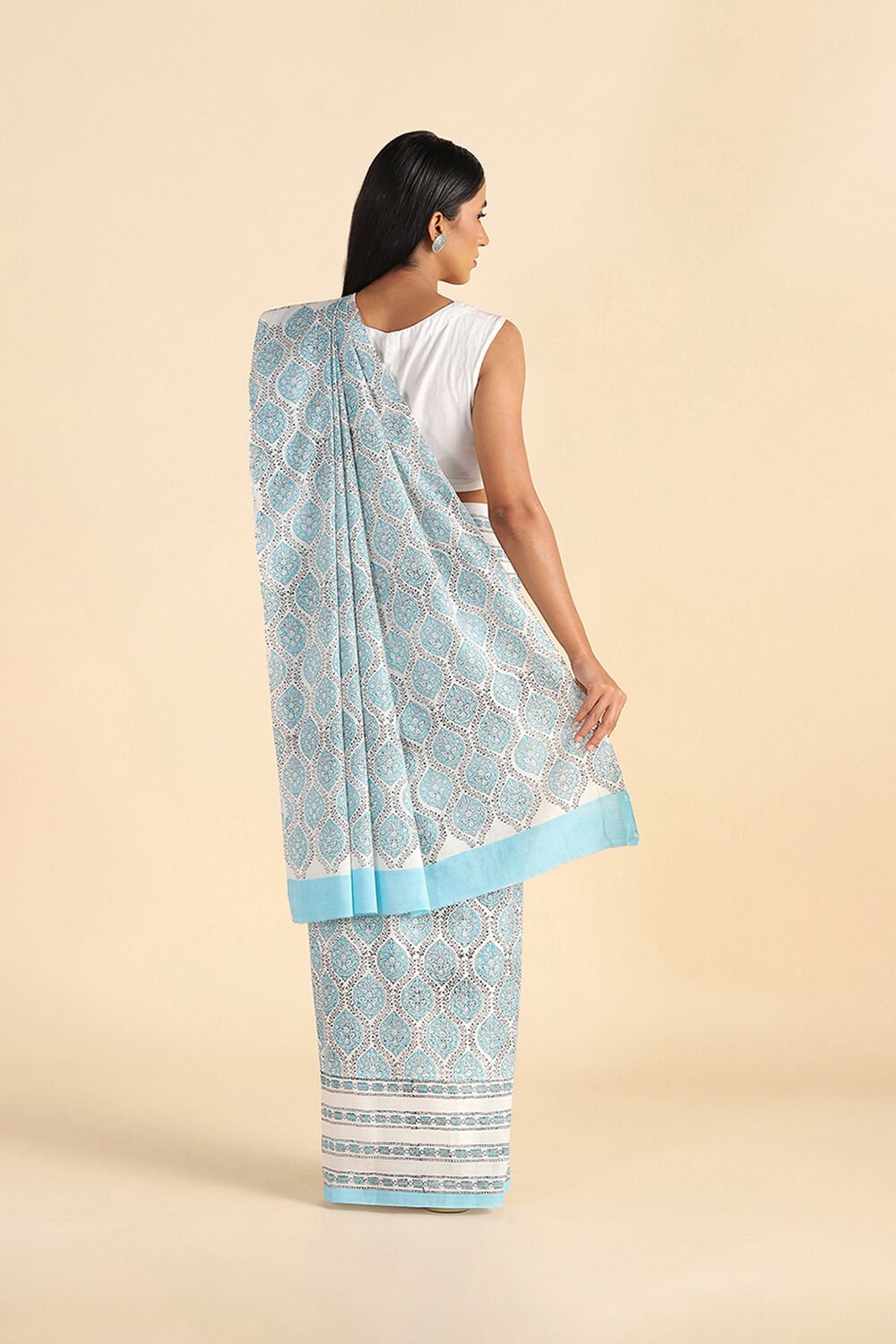Blue Pure Khadi Cotton Block Print Sanganeri Saree image number null