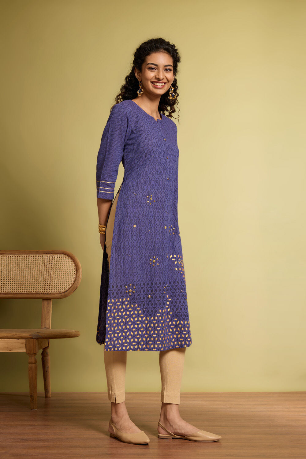 Blue Block Printed Pure Cotton Kurta image number null