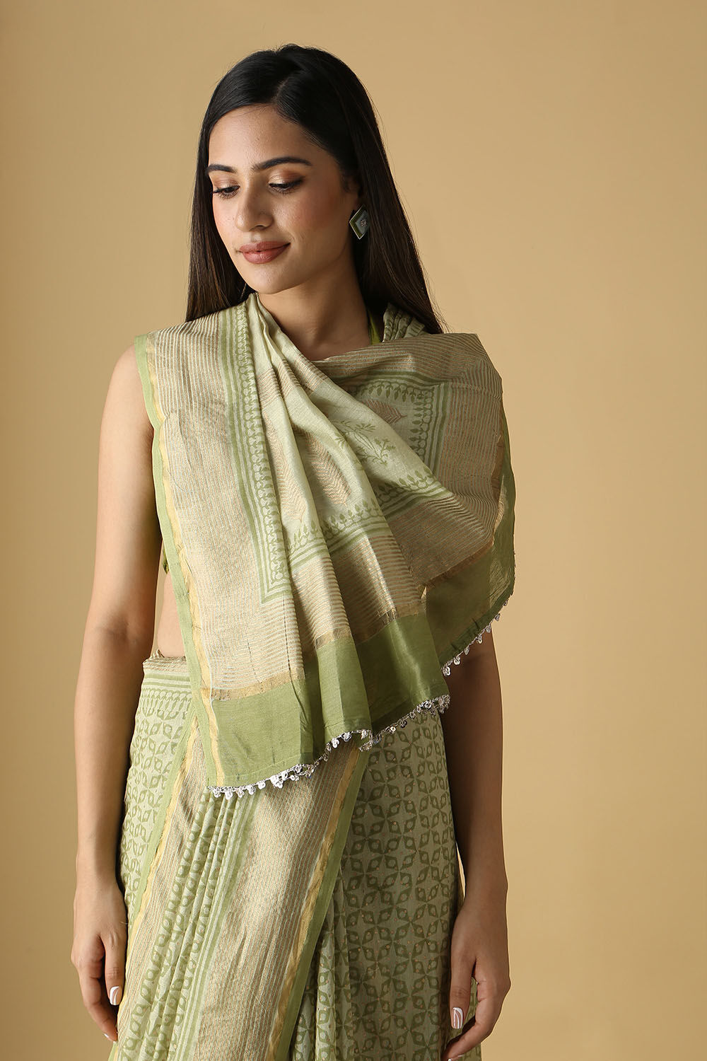 Green Silk Cotton Hand Printed Saree image number null