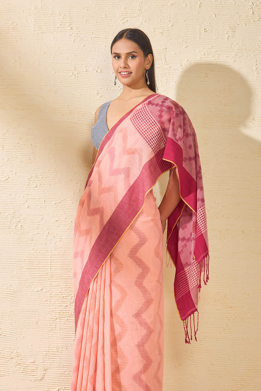 Light Orange Bengal Pure Cotton Ikat Saree image number null