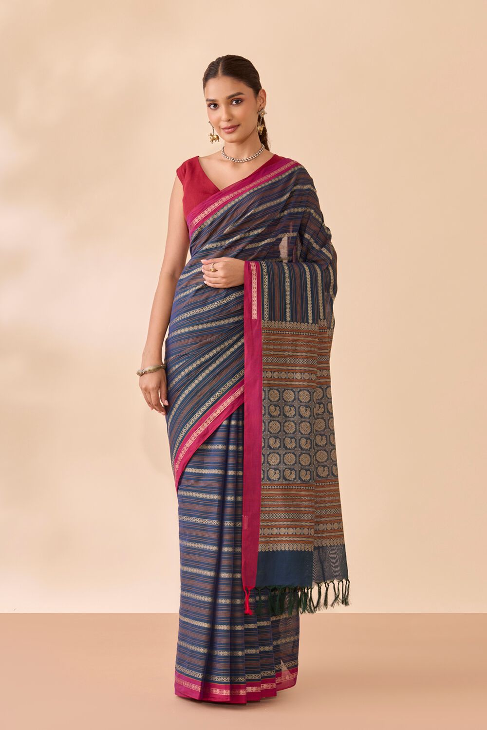 Dark Blue Woven Pure Cotton Saree image number null