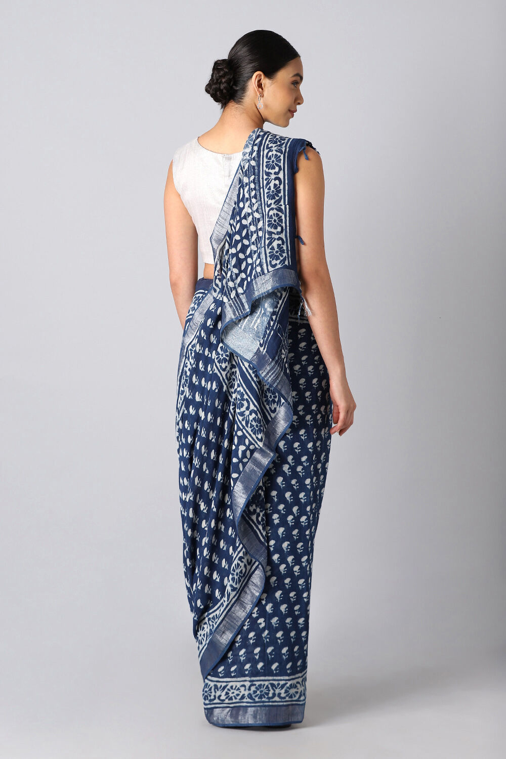 Dark Blue Pure Cotton Linen Bagru Printed Saree image number null