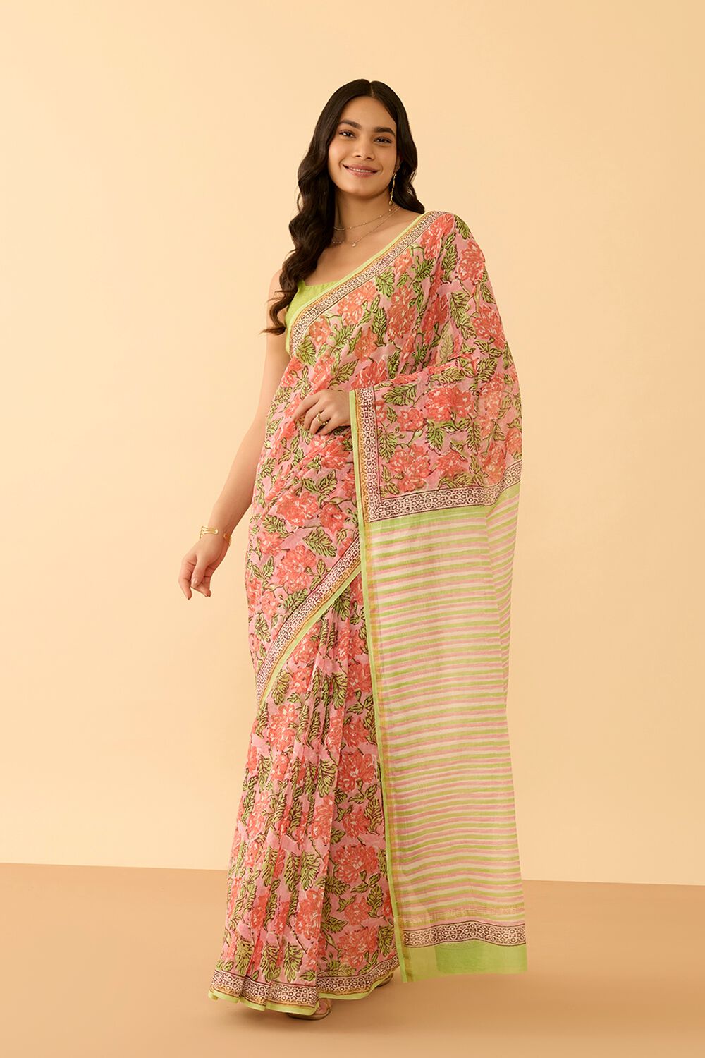 Peach Rajasthan Pure Silk Cotton Printed Sanganeri Saree image number null