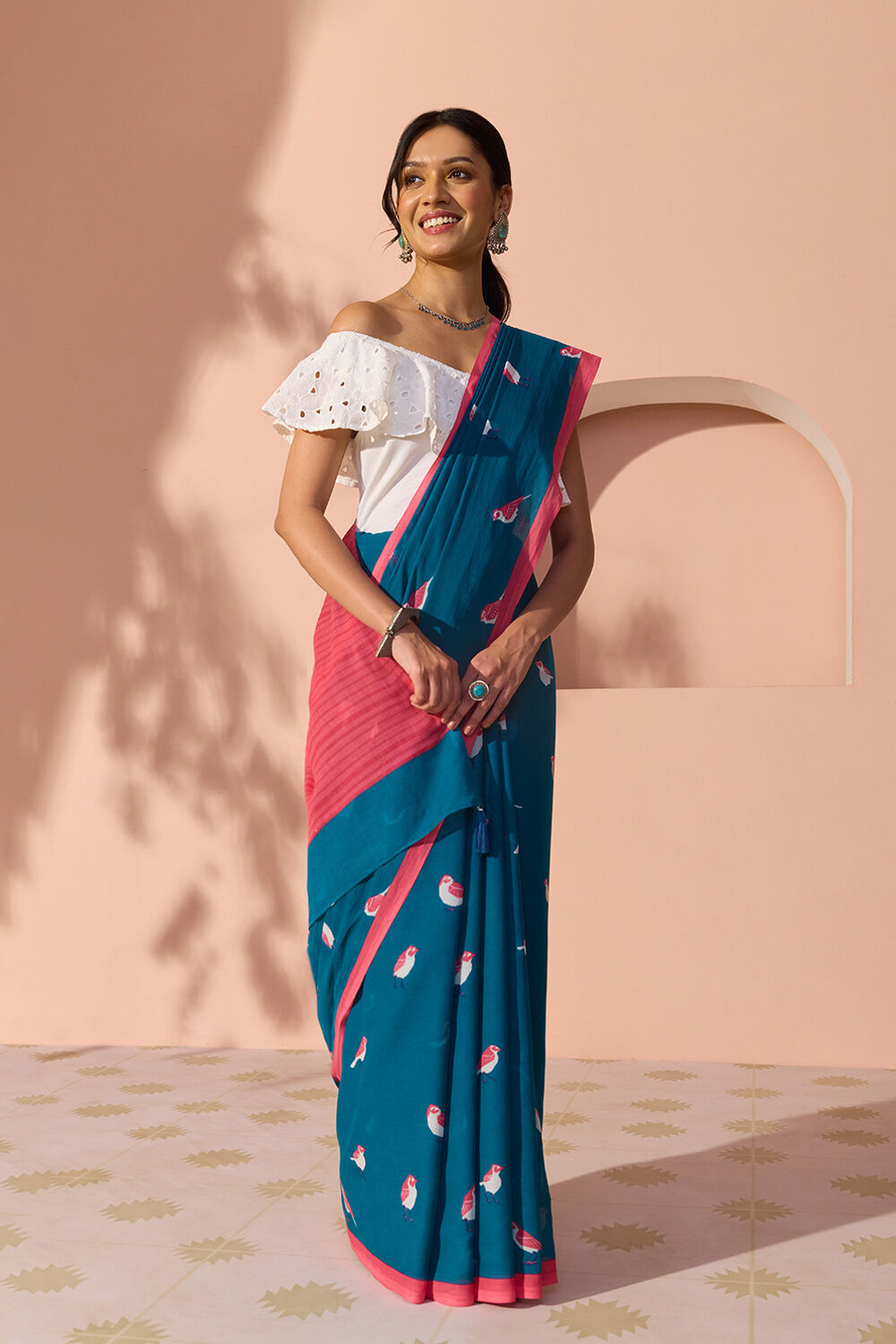 Dark Blue Bengal Screen Printed Pure Cotton Mulmul Saree image number null