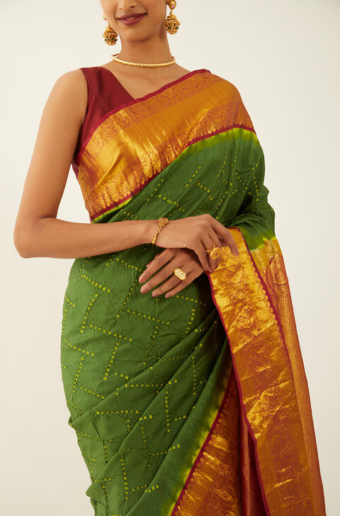 Dark Green Pure Silk Bandhani Saree