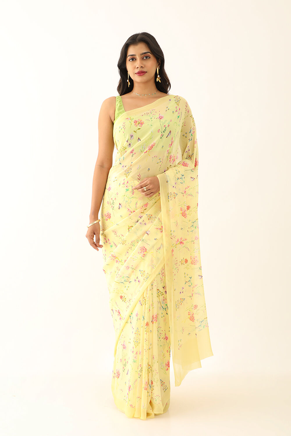 Light Yellow Viscose Georgette Digital Print Saree image number null