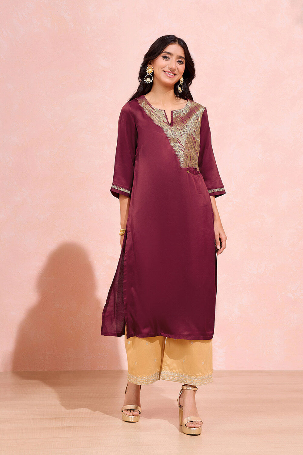 Dark Pink Viscose Brocade Kurta image number null