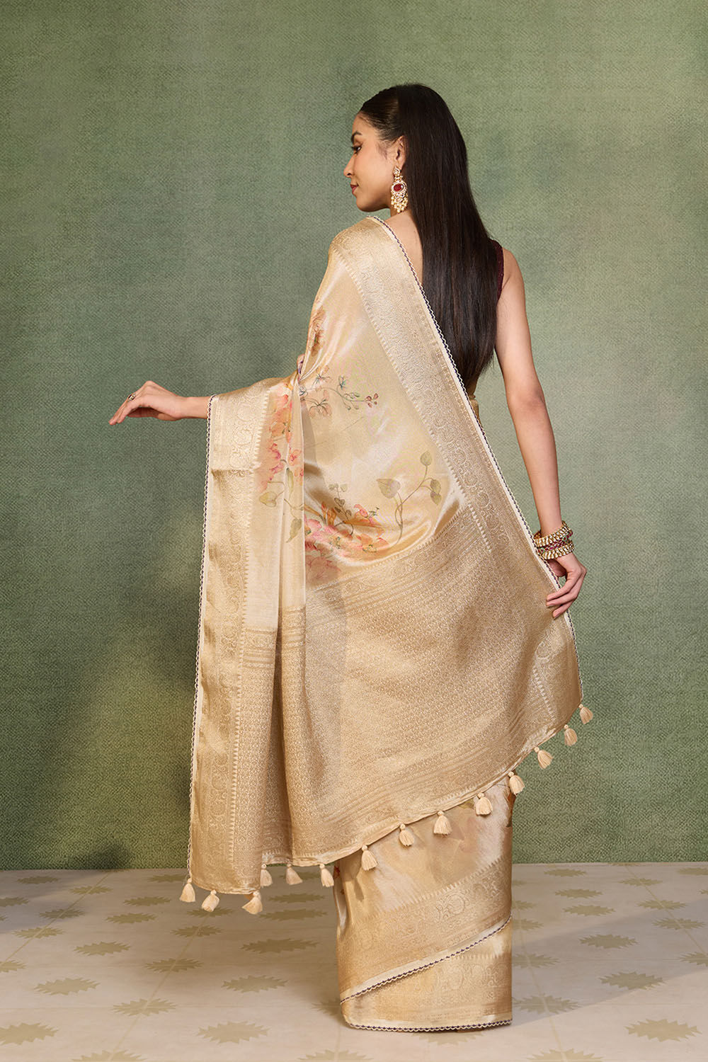 Beige Printed Viscose Tissue Saree image number null