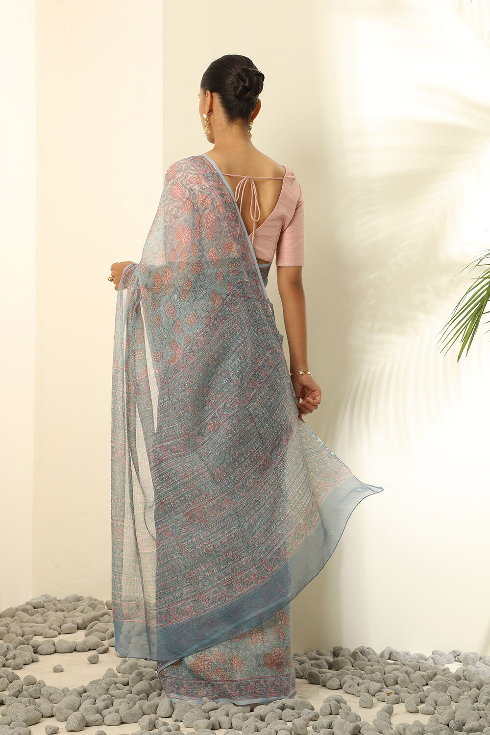 Light Blue Pure Kota Bagru Block Printed Saree image number null