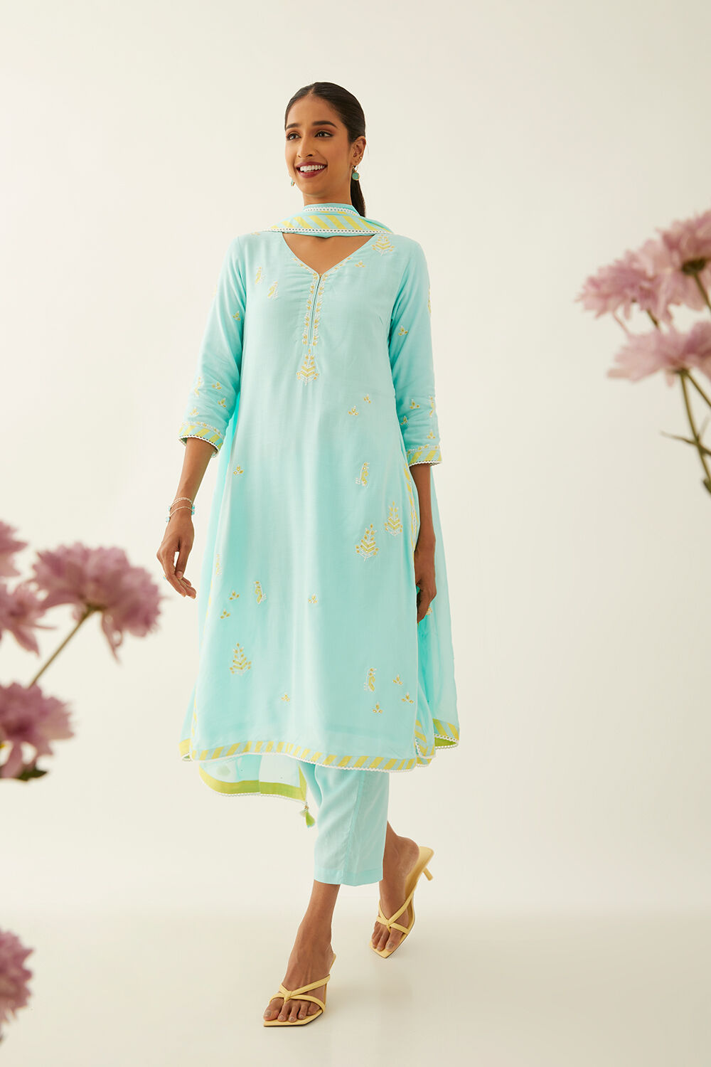 Light Blue Cotton Embroidered Kurta Set image number null