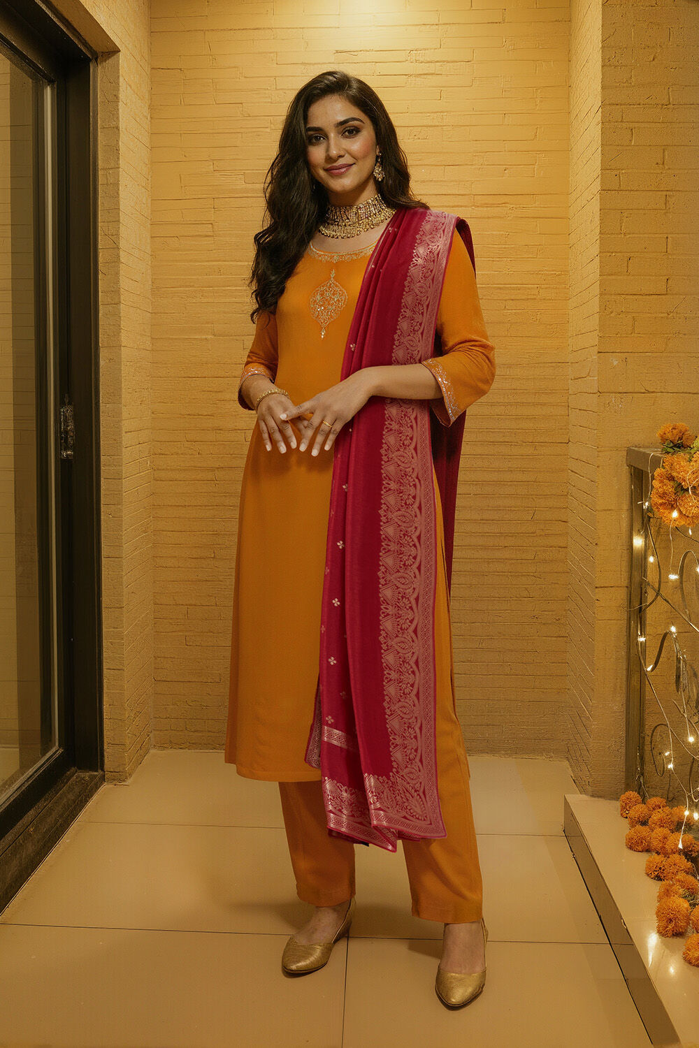 Orange Viscose Embroidered Kurta Set image number null
