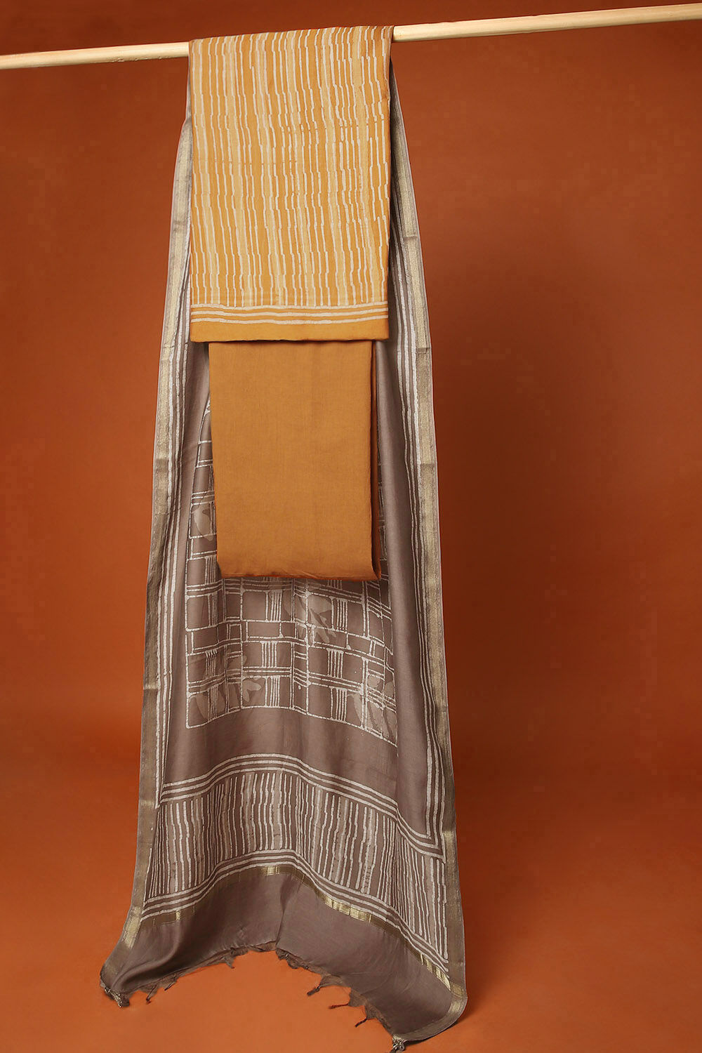 Orange Silk Cotton Block Printed Unstitched Suit Set image number null