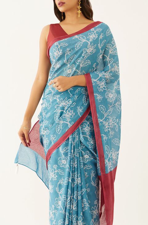 Brown Pure Cotton Mulmul Printed Bengali Saree