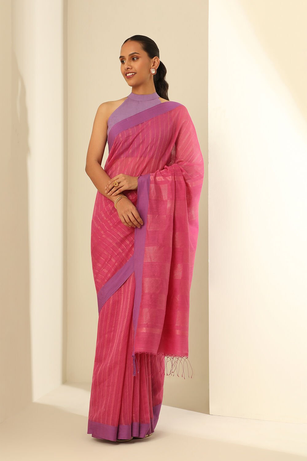 Pink Pure Silk Cotton Woven Bengali Saree image number null