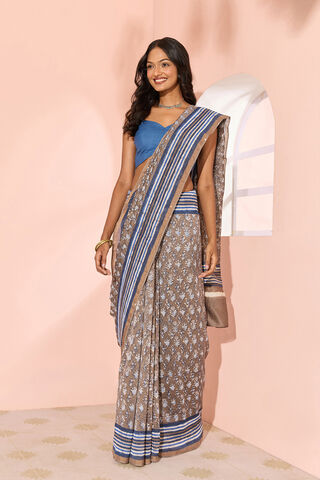 Grey Bagru Block Printed Pure Silk Cotton Bagru Saree thumbnail image number null