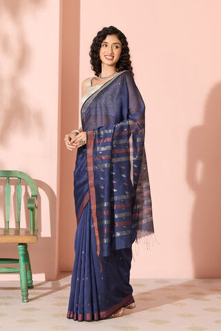 Dark Blue Jamdani Pure Silk Cotton Bengal Saree thumbnail image number null