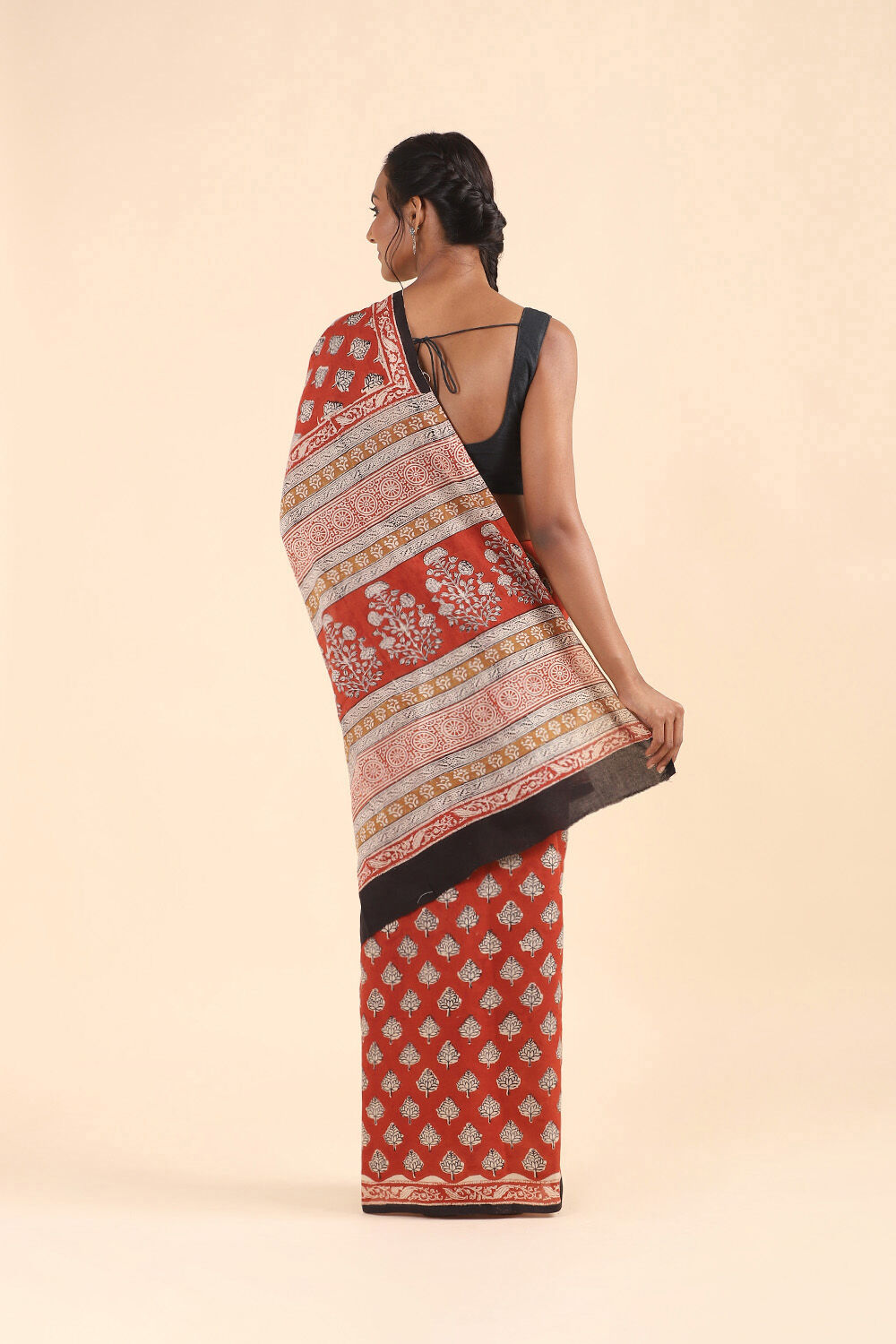 Dark Red Pure Cotton Bagru Printed Saree image number null