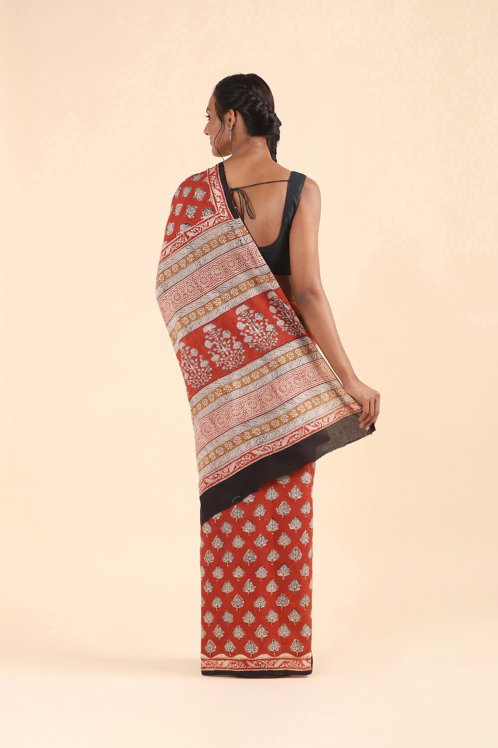 Dark Red Pure Cotton Bagru Printed Saree image number null