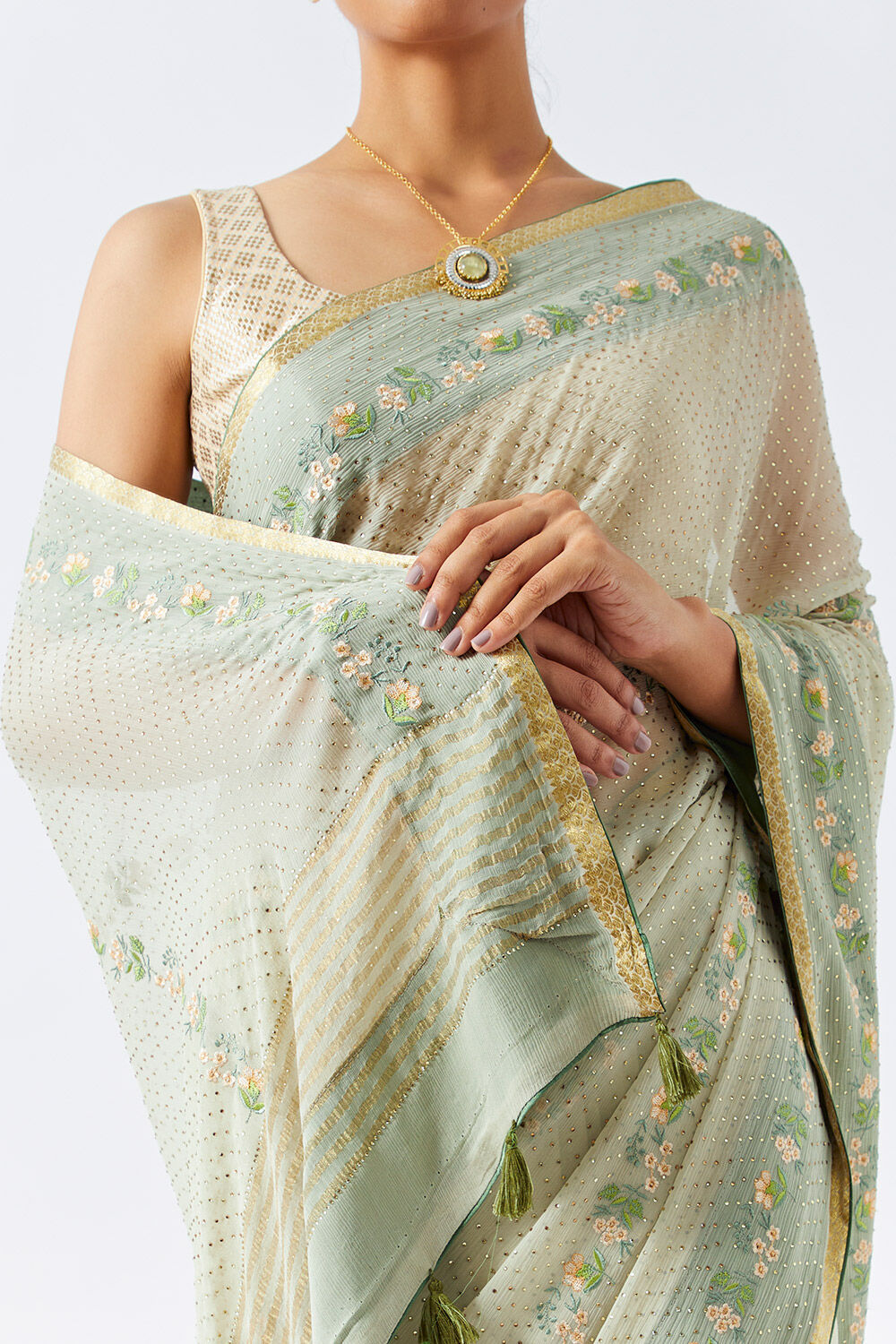 Light Green Pure Chiffon Embroidered Saree image number null