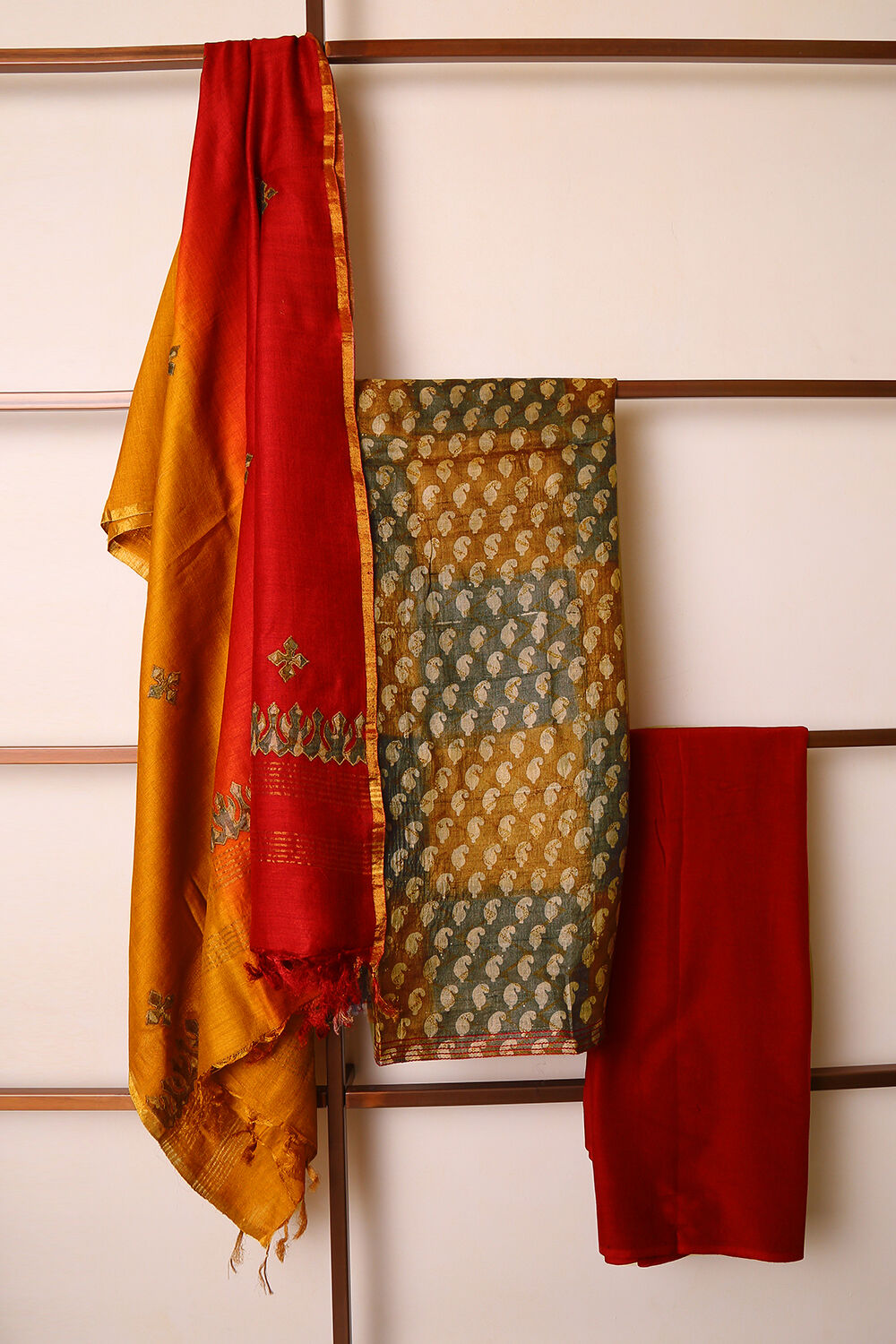 Multicolored Block-printed Pure Tussar Silk Suit Set image number null